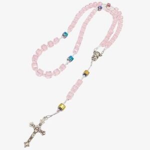 VTG Pink Rosary Aurora Borealis Cube Bead Catholic Madonna and Child Iridescent